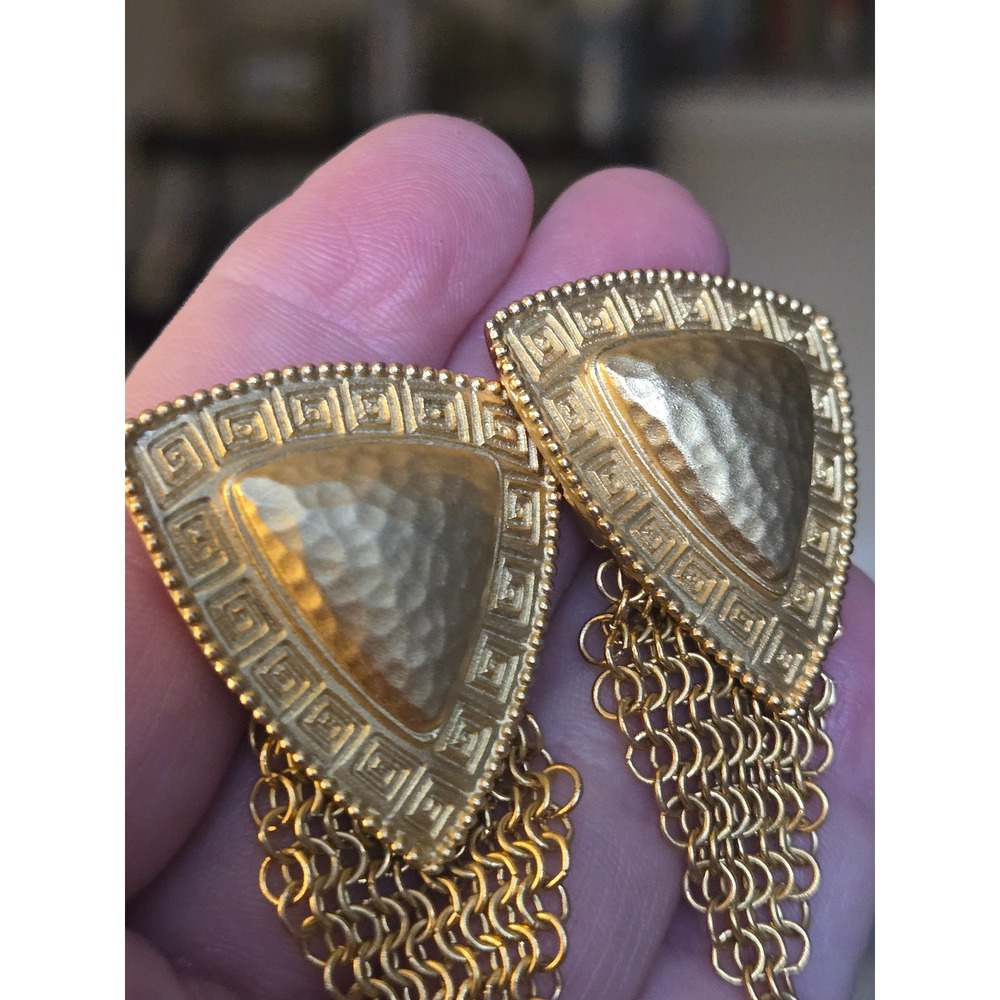 Rare Whiting&Davis Goldtone Greek Key Hammered Fringe Earrings Stunning! - Picture 2 of 6